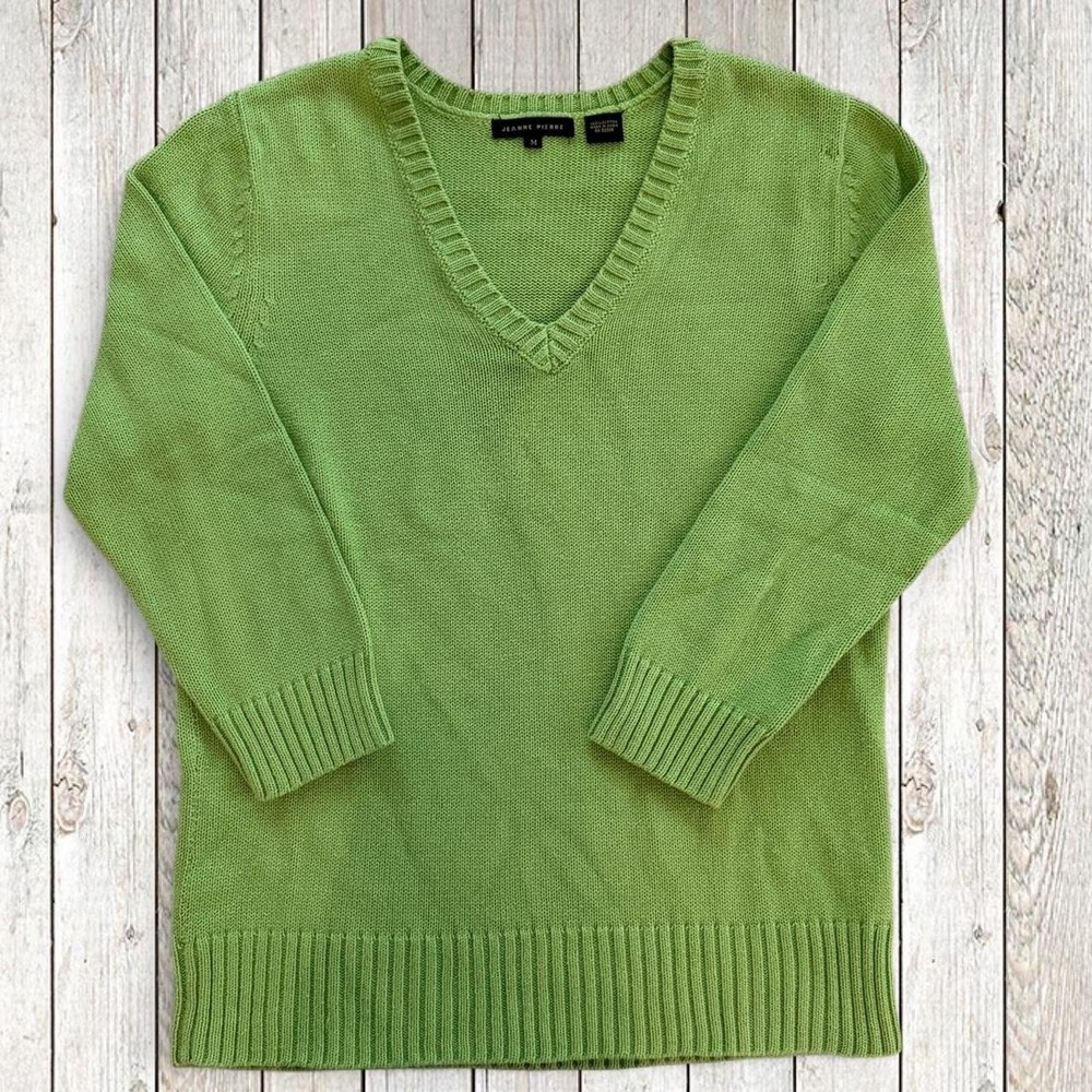 Jeanne Pierre Green Cotton V Neck Knit Sweater Medium Preppy